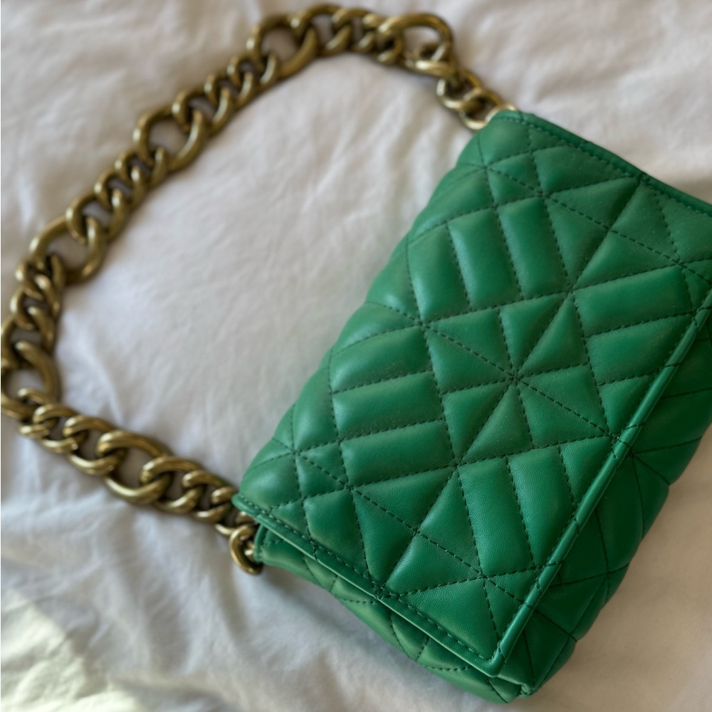 Zara Green Quilted Crossbody Bag with Gold Chain